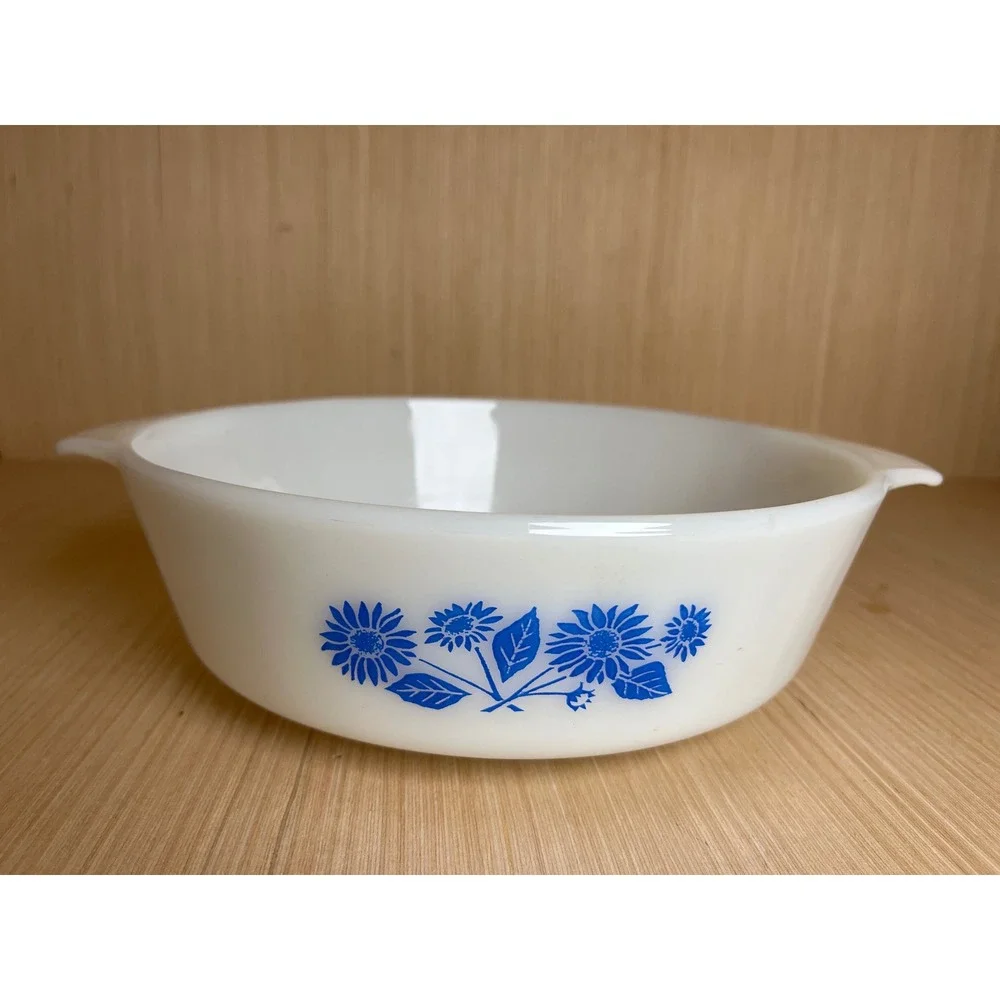 Vintage Anchor Hocking Fire-King Blue Floral Milk Glass Dish 438 Oven Proof MCM